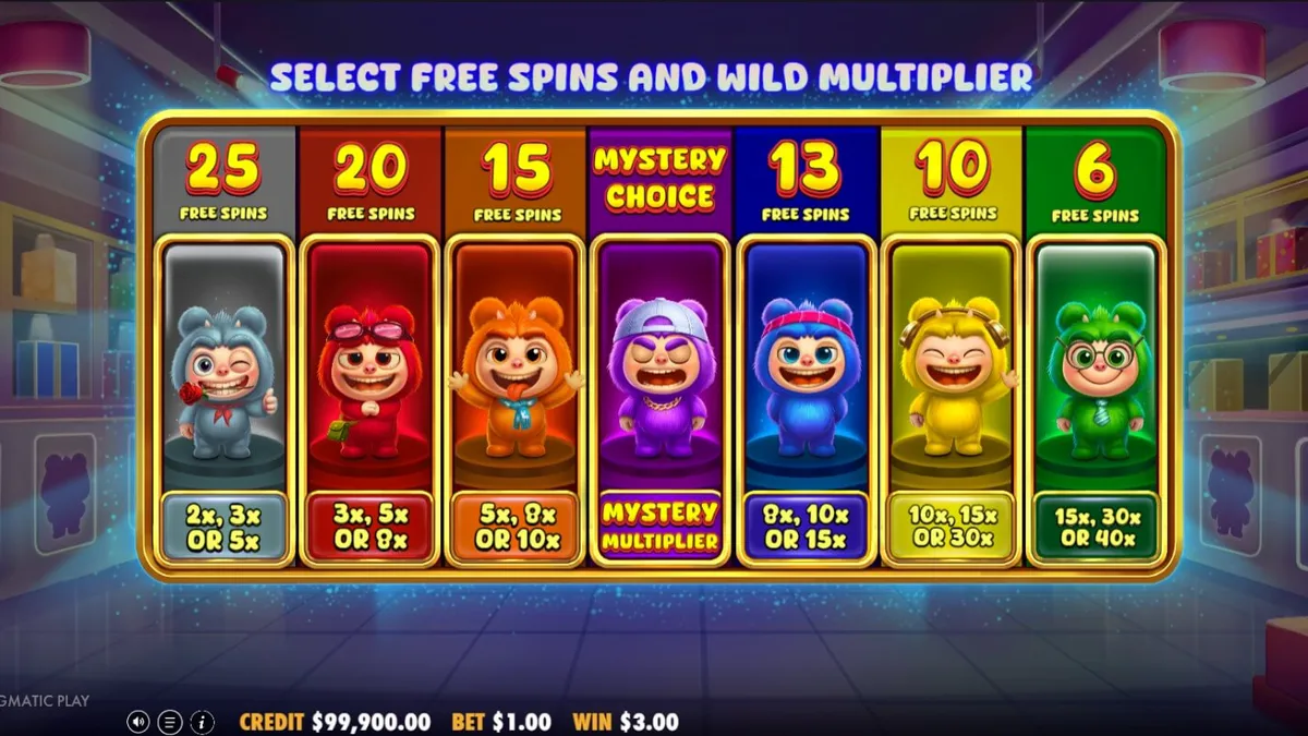 Tampilan visual slot Furry Bonanza Megaways dengan karakter beruang lucu dan elemen hutan magis.