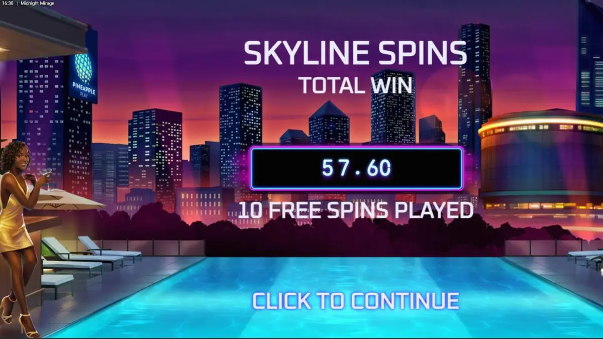 Tampilan visual neon dan mewah dari slot Midnight Mirage dengan latar belakang rooftop bar.